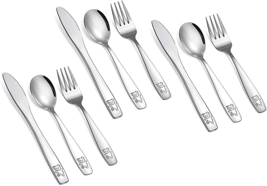 9 Piece Stainless Steel Kids Silverware Set,Toddler Utensils,Child and Toddler Flatware,Kids Utensil Set,Children Safe Forks, Spoons and Knives,Mirror Polished, Dishwasher Safe