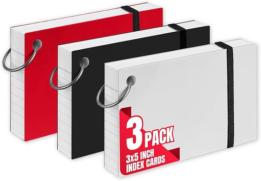 1InTheOffice Index Cards with Ring 3x5, Flash Cards with Binder Ring, Single Hole Punched Notecards, 65 Cards, 3 Pack
