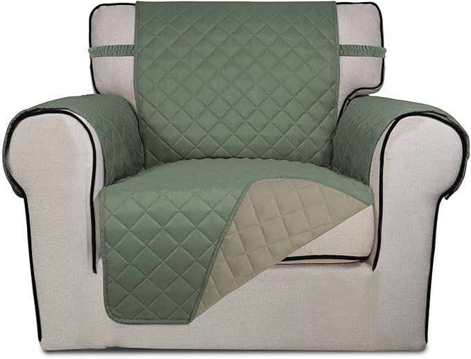 PureFit Reversible Quilted Sofa Cover, Water Resistant Slipcover Furniture Protector, Washable Couch Cover with Non Slip and Elastic Straps for Kids, Dogs, Pets (Chair, Greyish Green/Beige)