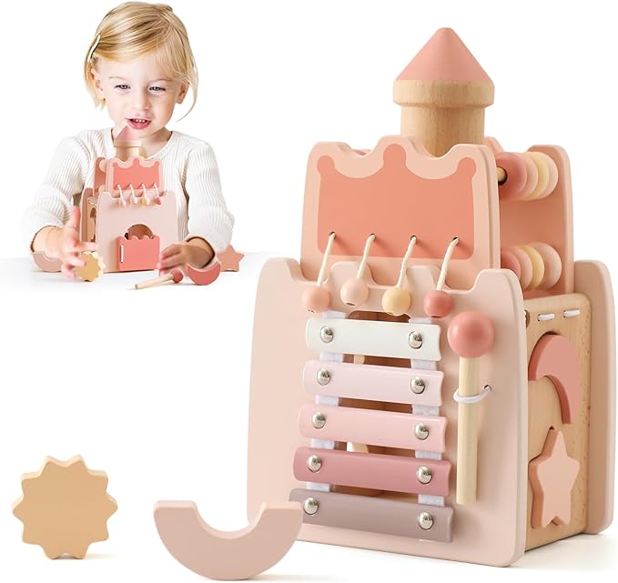 Youuys Wooden Activity Cube 9-in-1 Montessori Toys for 3+ Year Old Boys & Girls, Multipurpose Educational Sensory Learning Toys for Baby Toddlers with Mirror, First Birthday Gift (Castle)