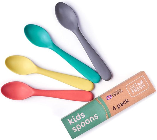 GET FRESH Bamboo Kids Spoons Set – 4-pack Colorful Bamboo Kids Cutlery for Everyday Use – Reusable Bamboo Fiber Kids Spoons for Baby Feeding – Large Bamboo Utensils for Toddlers and School Children