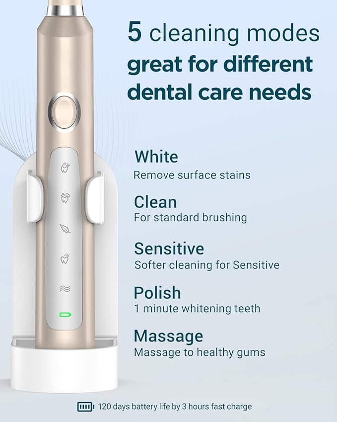Rtauys M5 Sonic Electric Toothbrush for Adults - Rechargeable Electric Toothbrushes with 8 Brush Heads & Holder, Travel Case, Power Electric Toothbrush，3 Hours Charge for 120 Days - Champagne Gold
