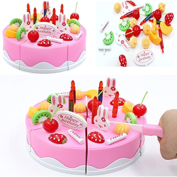 38 PCS DIY Cutting Birthday Party Cake Toy Pretend Play Kitchen Food Toys Set,DIY Fruit Cutting Kitchen Toys Pink/Blue Cut Cake Toys for Girls Boys Gift (38PCS Pink)