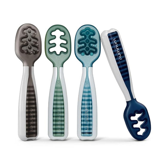 NumNum Baby Spoons Set, Pre-Spoon GOOtensils for Kids Aged 6+ Months - First Stage, Baby Led Weaning (BLW) Spoon - Self Feeding, Silicone Toddler Food Utensils - 4 spoons, Beach Picnic