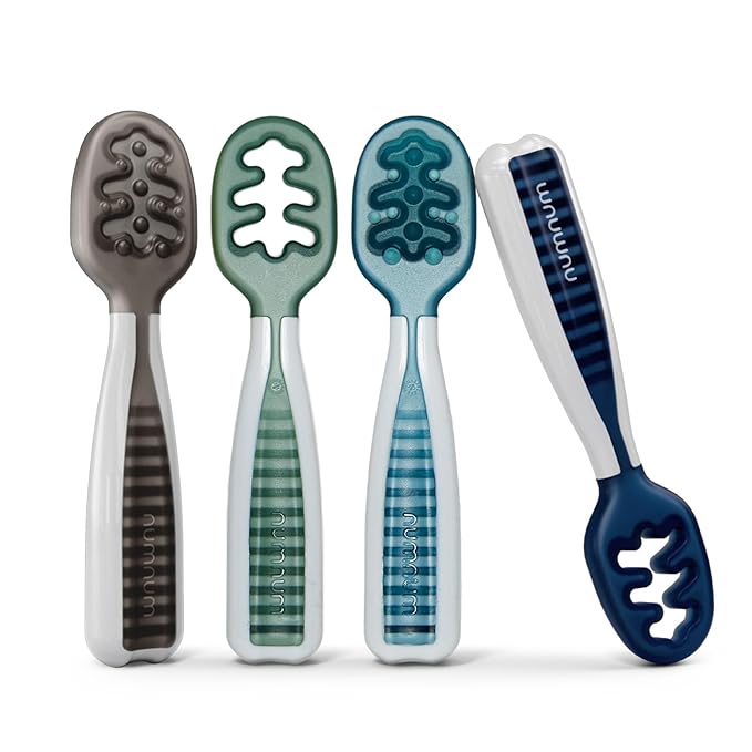 NumNum Baby Spoons Set, Pre-Spoon GOOtensils for Kids Aged 6+ Months - First Stage, Baby Led Weaning (BLW) Spoon - Self Feeding, Silicone Toddler Food Utensils - 4 spoons, Beach Picnic