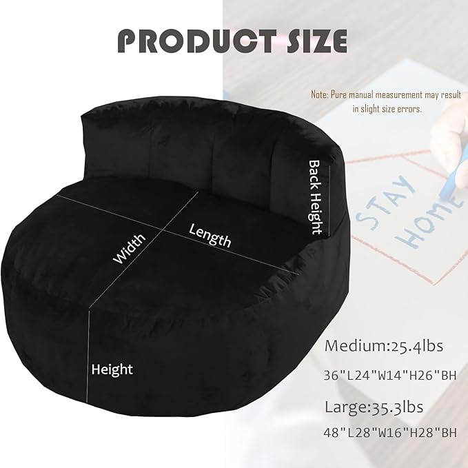 WhatsBedding 5FT Bean Bag Chair for Adults,Kids & Teenagers Bean Bags Giant with Memory Foam Filled,Beanbag Chairs Large Sofa with Dutch Velvet Cover(Black,Large,Back Support)