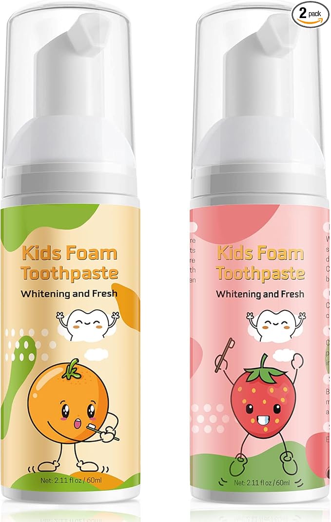 Kids Foam Toothpaste with Low Fluoride, Orange and Strawberry Flavor, Safe Natural Formul, Perfect for U-Shape Electric Toothbrush
