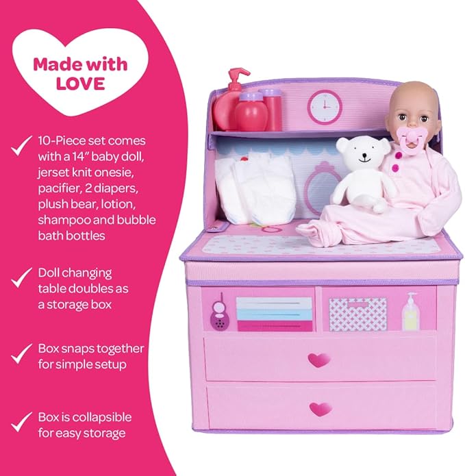 ADORA Realistic Perfectly Pink Baby Doll Set with Changing Table and 10-Piece Accessories, Includes Storage Box, Diapers, and Pacifier, Gift for Ages 3 and Up