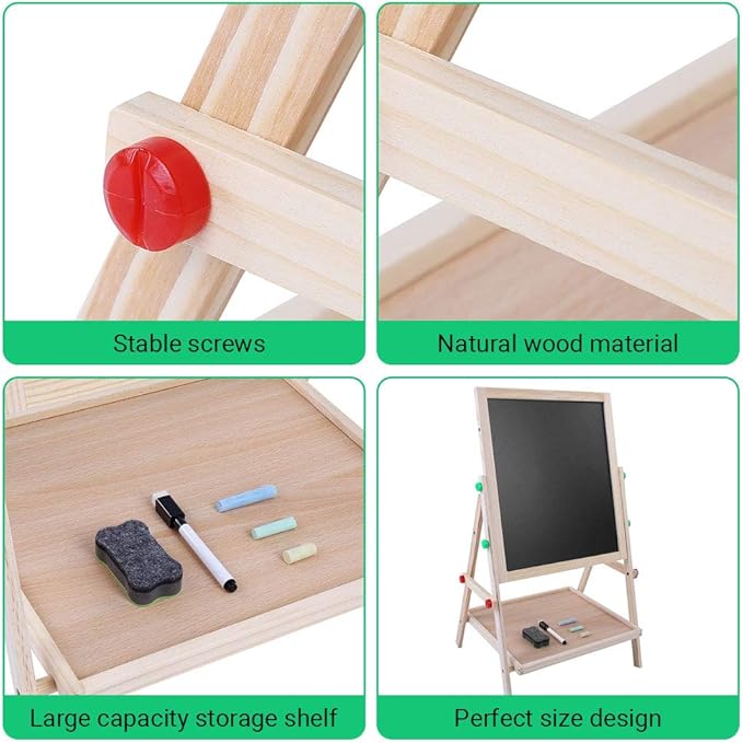 2-in-1 Easel for Kids, Height Adjustable Double Sided Art Painting Activity Easel Standing Wooden Dry Erase Board with Whiteboard Chalkboard for Toddlers Boys Girls