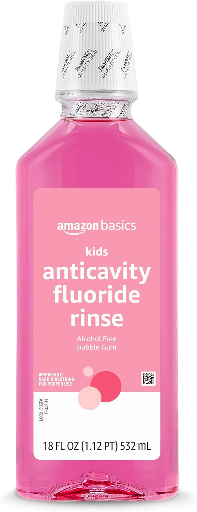 Amazon Basics Kids Mouthwash with Fluoride, Anticavity, Alcohol-Free Bubble Gum, 18 fl oz (Pack of 4)