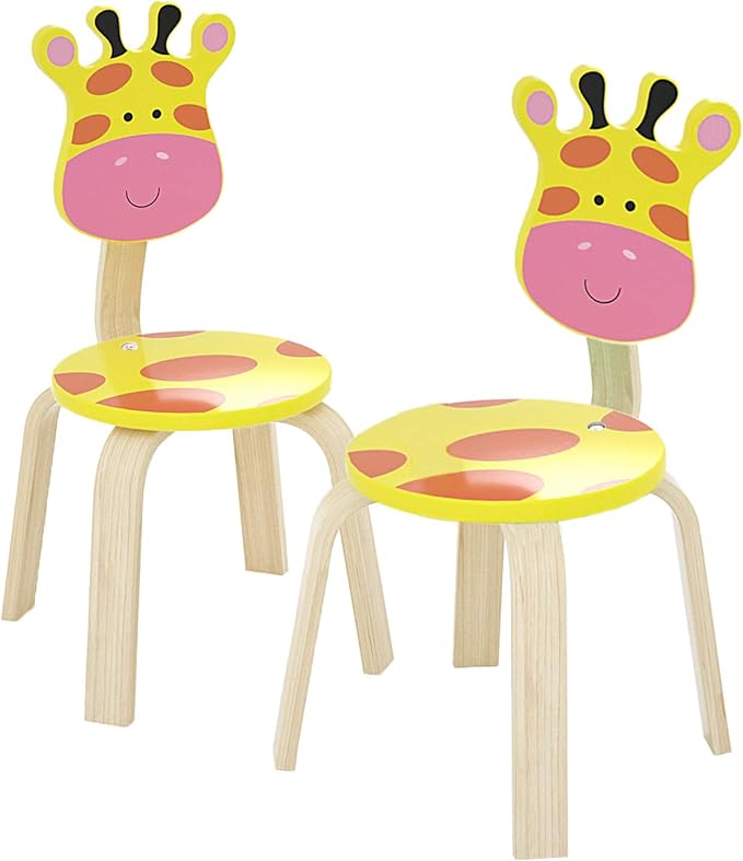 iPlay, iLearn 2 PCS Wooden Kids Chair Sets, Natural Hardwood 2 Giraffe Animal Children Chairs, Furniture Set for Toddlers Kids Boys Girls, Stackable for Playroom, Nursery, Preschool, Kindergarten
