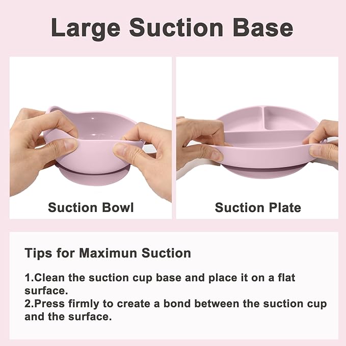 Silicone Baby Feeding Set 14 Pcs,Baby Led Weaning Supplies, Baby Spoons Suction Bowl Divided Plate Bib Cup Finger Brush,First Stage Solid Food Eating Utensils - 6+ Months(Light Pink)