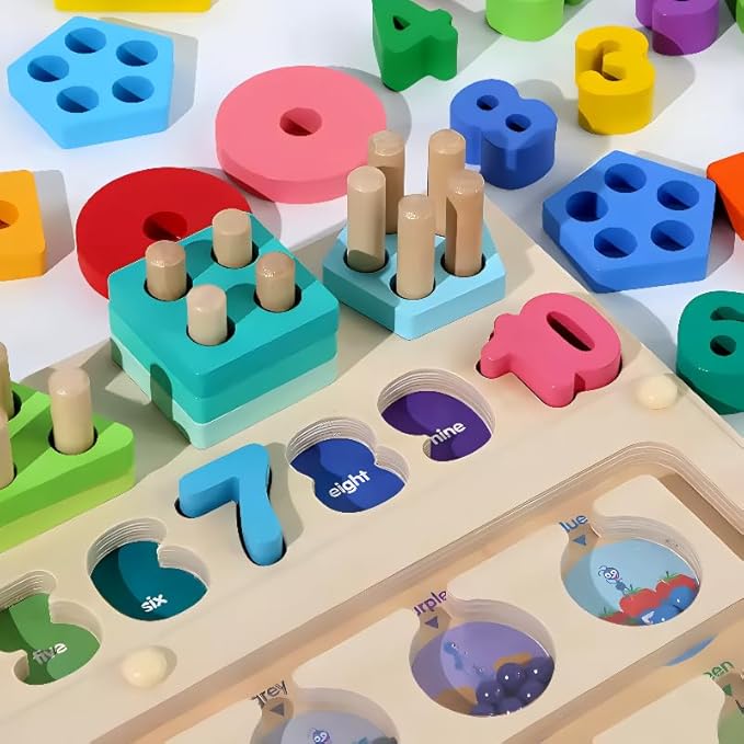 3-in-1 Magnetic Wooden Maze, Montessori Toys, Stacking Building Blocks Shape Sorter Number Board, Color Matching Educational Learning Toys for Kids, Toddler Gift, Toys for Boys Girls 3 4 5 Years Old