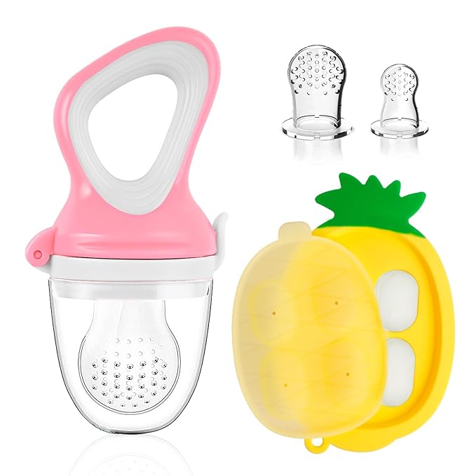 Baby Fruit Feeder with Mini Freezer Tray, Baby Teethers, Breastmilk Popsicle Molds for Baby Teething Relief, Silicone Fresh Food Feeder for Safe Infant Self Feeding (Candy Pink)