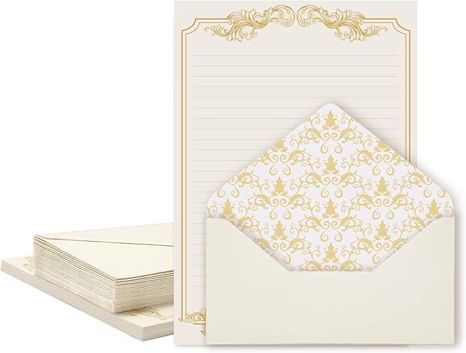 90 Pieces Stationery Set with Envelopes (60 Vintage-Style Paper Sheets + 30 Envelopes), Gold Border Letter Writing Paper and Envelopes for Love Letter, Party Invitations