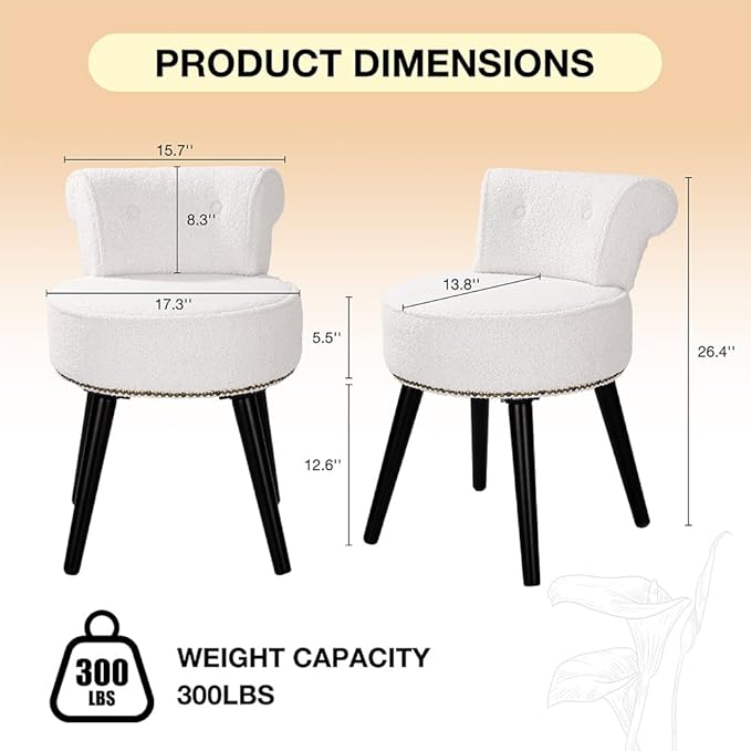 Sherpa Vanity Chair with Back Small Makeup Chair with Wood Legs Sherpa Vanity Stool Tufted Accent Chairs with Low Back Makeup Chair for Vanity for Women Girl and Kids (White)
