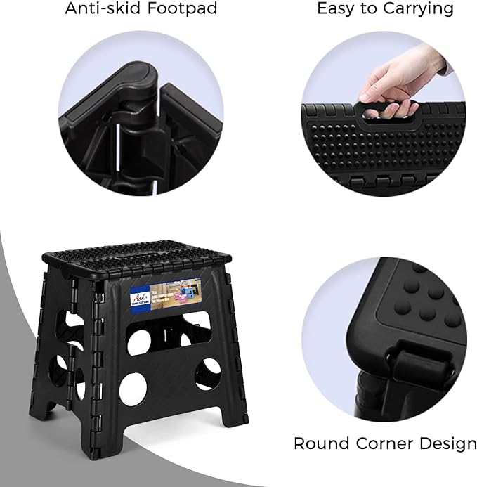 ACKO Folding Step Stool 13 inch Height Premium Heavy Duty Foldable Step Stools for Adults and Kids, Kitchen Plastic Small Collapsible Stepping Stool Hold Up to 300 LB Dot Black (1 Pack)