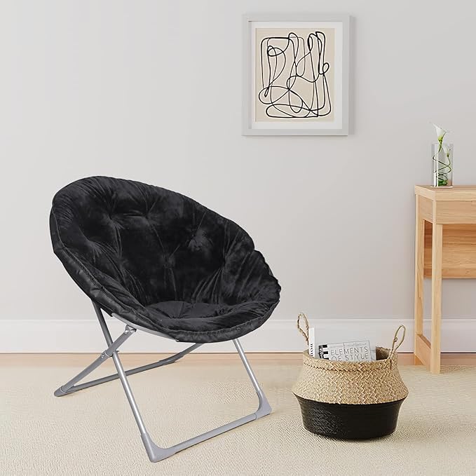 Amazon Basics Faux Fur Saucer Shaped Chair with Metal Frame Black 27.2"D x 32.3"W x 32.3"H