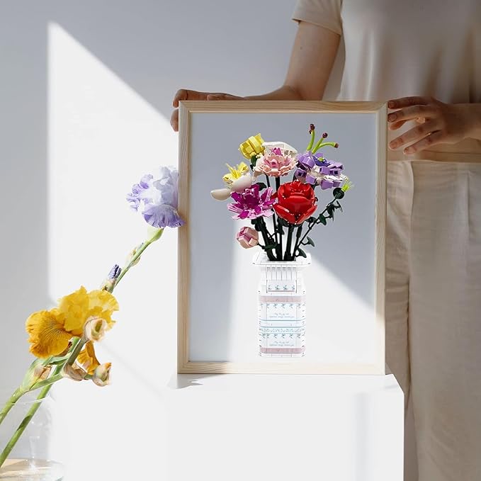 Adults Flowers Bouquet Building Set for Women, 10 Artificial Flowers, with Blocks Vase (730 Pcs)