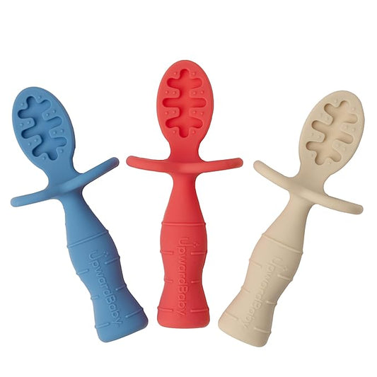 Upward Baby Spoons Self Feeding 6+ Months - 3 Pack, Chewable Toddler Utensils with Anti Choke Barrier, Baby Feeding Essentials, Baby Spoons 4 months, Silicone Baby Spoons, Red White Blue