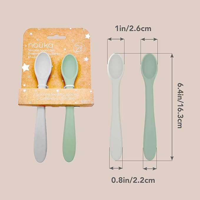 nouka Feeding Spoon Set | 100% Food-Grade Silicone | Comes With A Long & Comfortable Grip | Safe & Soft | Dishwasher Friendly | Soft Blush/Shifting Sand | 2-Pack