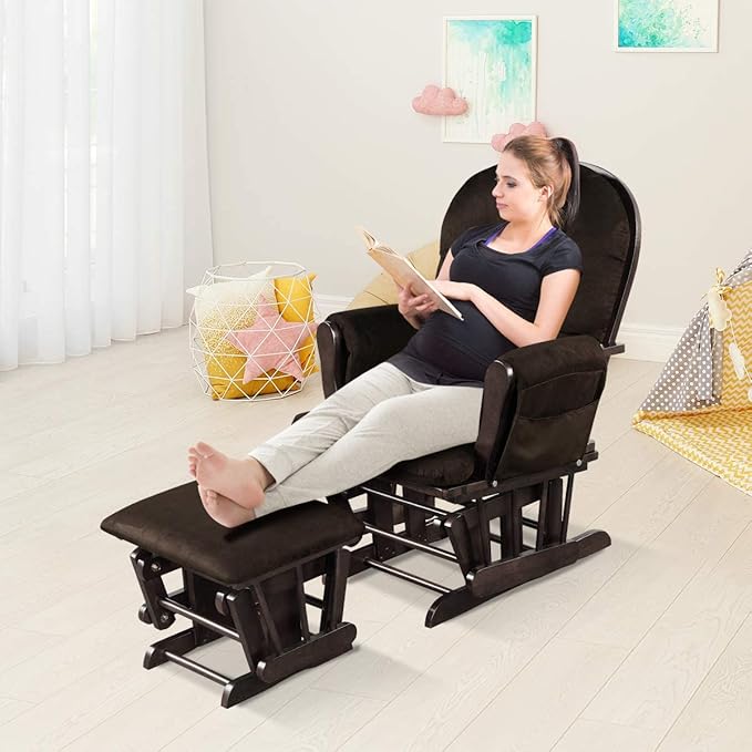 Costzon Nursery Glider with Ottoman, Upholstered Comfort Glider Rocker with Padded Cushion, Storage Pocket, Solid Wood Base, Rocking Chair Nursery for Breastfeeding, Maternity, Napping (Brown)