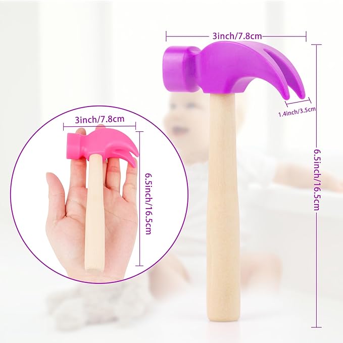 2 Pack Wooden Hammer Toys Simulation Hammers Maintenance Tools Educational Toys for Kids Birthday Party Games Supplies (Purple + Rose Red)