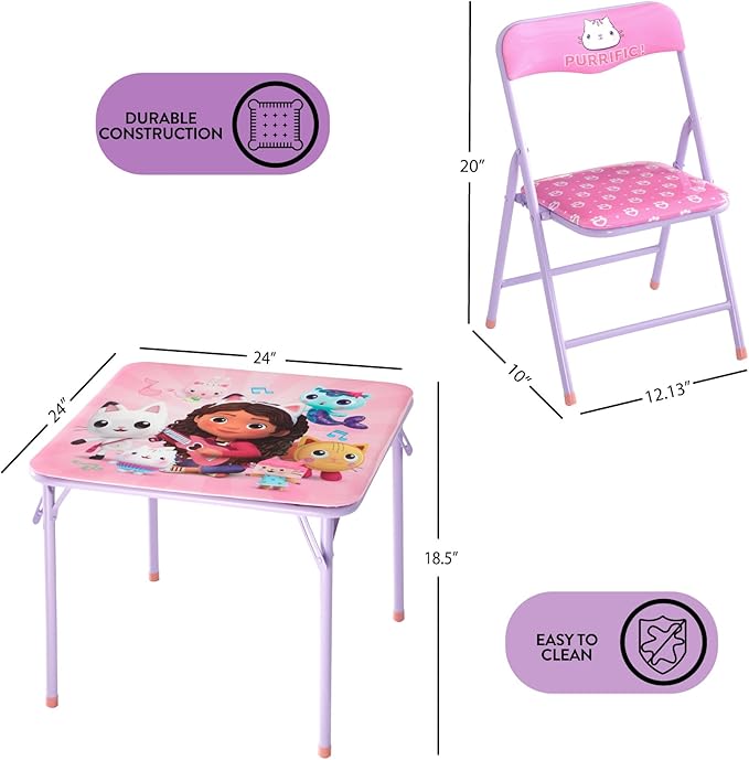Idea Nuova Gabby's Dollhouse 3 Piece Children's Activity Square Table and 2 Folding Chairs Set, Ages 3+