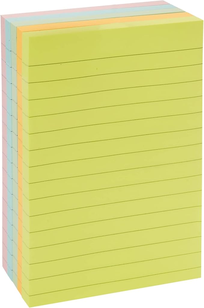 Amazon Basics Sticky Note Pads, Lined, 4x6, Rectangular, Assorted Colors, Pack of 5