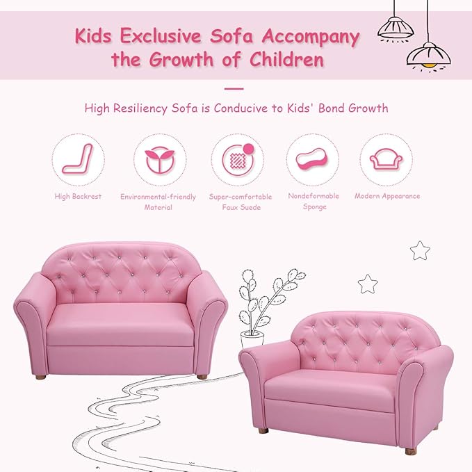 Costzon Kids Couch, 2 in 1 Princess Double Seat Children's Sofa w/PU Leather Surface, Toddler Armrest Chair for Bedroom, Kids Room, Mini Sofa for Kids Loveseat Baby Girls Birthday