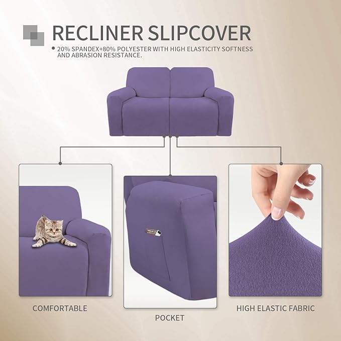 Easy-Going 6 Pieces Microfiber Stretch Sectional Recliner Sofa Slipcover Soft Fitted Fleece 2 Seats Couch Cover Washable Furniture Protector with Elasticity for Kids(Recliner Loveseat, Purple)