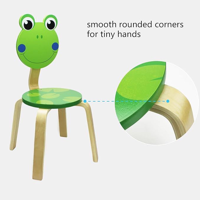 iPlay, iLearn 2 PCS Wooden Kids Chair Sets, Natural Hardwood 2 Frog Animal Children Chairs, Furniture Set for Toddlers Kids Boys Girls, Stackable for Playroom, Nursery, Preschool, Kindergarten