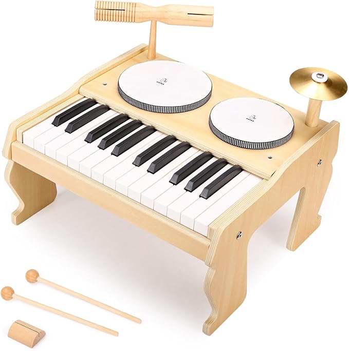 OATHX Kids Piano Keyboard, 25 Keys Digital with Drum Set and Volume Adjustable, 6 in 1 Musical Instruments for Kids Toddlers Baby Children, Wooden Mini Piano Gifts for Girls Boys Ages 3+