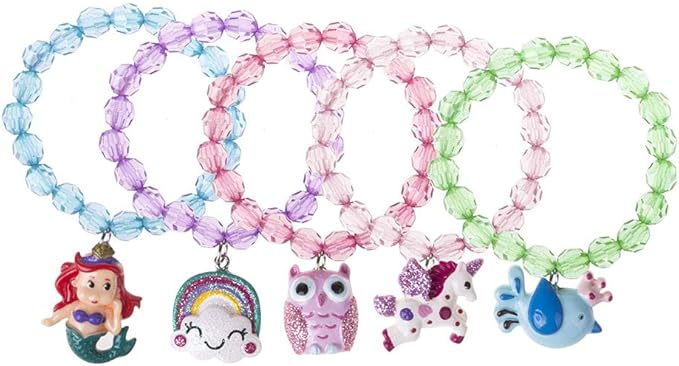 5pc Mermaid Bracelet, Unicorn Bracelet, Little Girl Animal Bracelets, Teens Kids Owl Pendant Beaded Bracelet Girl Party Favor Pretend Play Bracelet (Animal Bracelet)