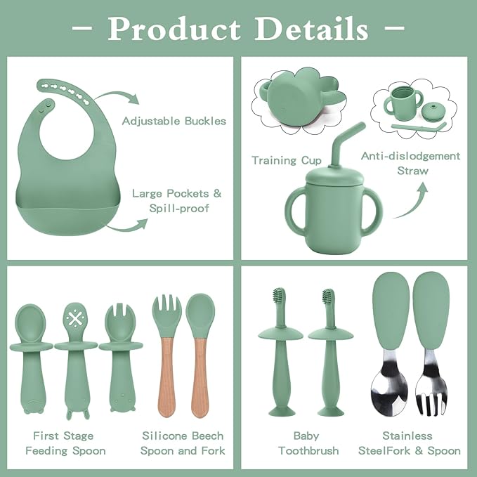 Silicone Baby Feeding Set,13PCS Baby Feeding Essentials with Suction Bowl and Plate,Spoons & Forks,Bib & Cup,Baby Toothbrush,Baby Led Weaning Supplies for 6+ Months,Baby Eating Essentials(Light Green)