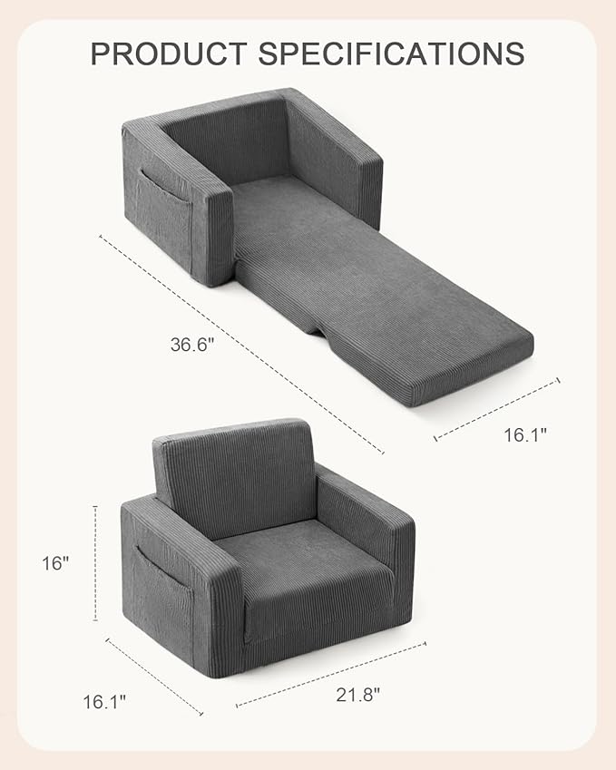 Toddle & Kids Chair,2-in-1 Soft Toddler Couches That Fold Out,Toddler Chairs Comfy 1-3 Years Old,Convertible Sofa to Lounge,Grey