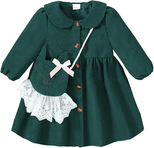 Mioglrie Toddler Baby Girl Dress 2T 3T 6 12 18 24 Months Fall Winter Clothes Outfits Dresses with Cute Satchel for Baby