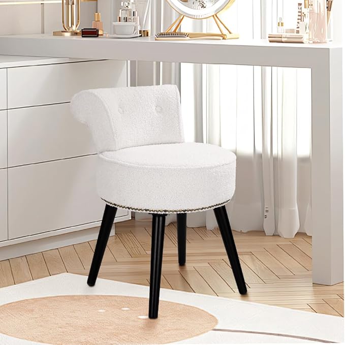Sherpa Vanity Chair with Back Small Makeup Chair with Wood Legs Sherpa Vanity Stool Tufted Accent Chairs with Low Back Makeup Chair for Vanity for Women Girl and Kids (White)