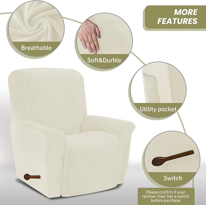 AZON Velvet Stretch Recliner Chair Cover,1-Piece Washable Recliner Couch Cover with Elastic Furniture Protector for Pets, Kids(Recliner, Ivory)