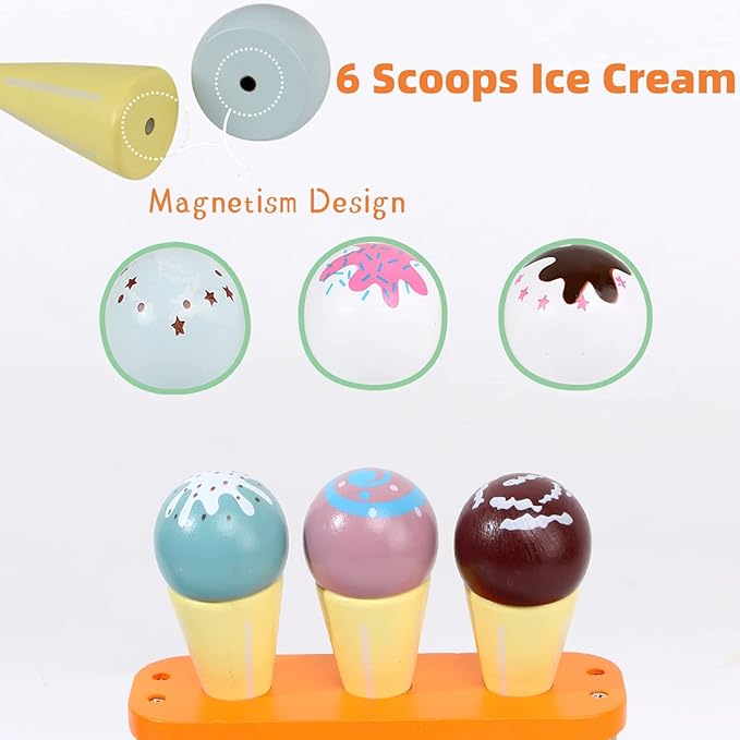 Wooden Ice Cream Toy Play Set, Ice Cream Truck Shop Stand Toys for Toddlers, Montessori Play Kitchen Accessories Wooden Food Set for Kids, Pretend Play for Toddlers