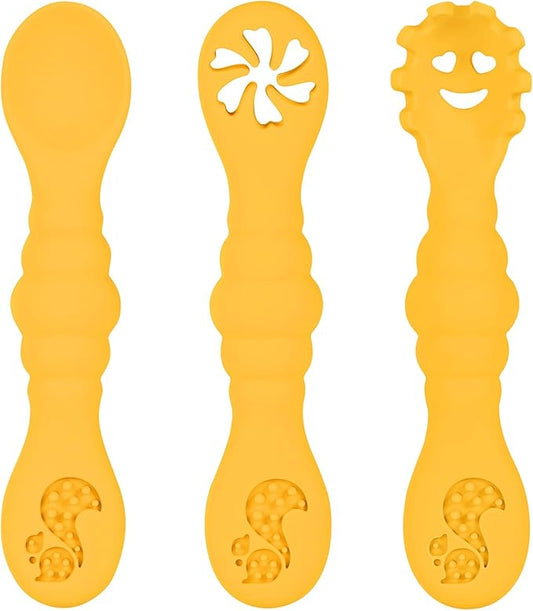Silicone Baby Spoons Self Feeding 6+ Months 3PCS Toddler Forks and Spoons Utensils Baby Led Weaning Teething Spoon Infant Spoons First Stage Newborn Baby Essentials Baby Gifts Yellow