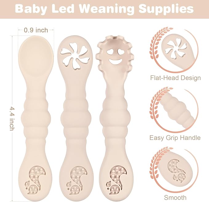 Silicone Baby Spoons Self Feeding 6+ Months 3PCS Toddler Forks and Spoons Utensils Baby Led Weaning Teething Spoon Infant Spoons First Stage Newborn Baby Essentials Baby Gifts Beige