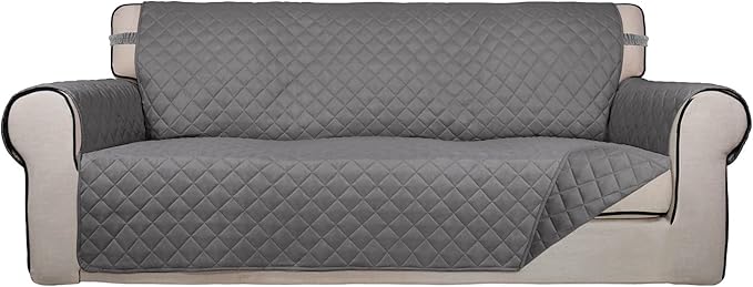 PureFit Reversible Quilted Sofa Cover, Water Resistant Slipcover Furniture Protector, Washable Couch Cover with Non Slip and Elastic Straps for Kids, Dogs, Pets (Sofa, Gray/Gray)