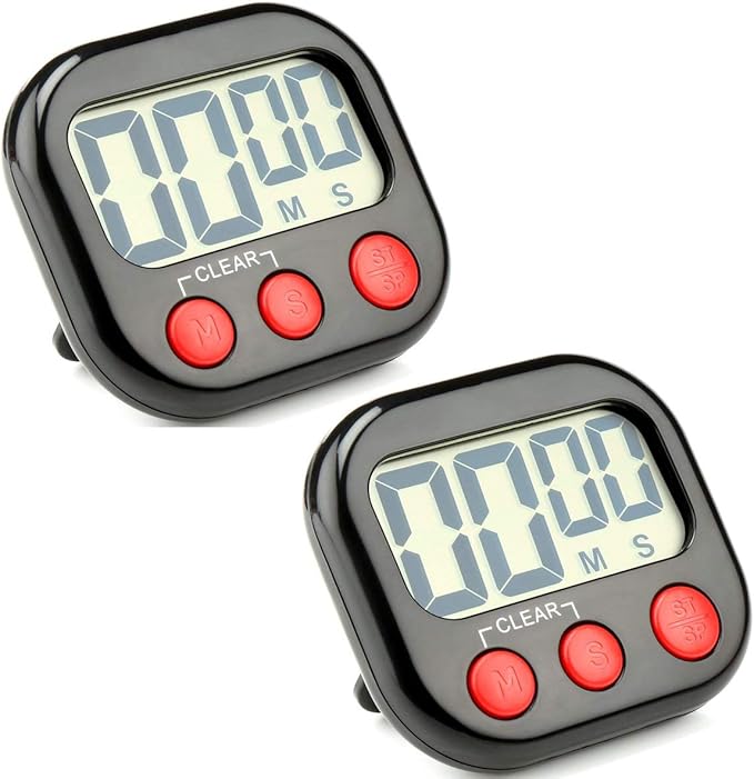 2 Pack Digital Kitchen Timer Big LCD Screen Loud Alarm Strong Magnetic Back and Stand Minute Seconds Count Up Countdown and Simple Operation for Homework Game Exercise Kids Cooking Timers (Black+Red)