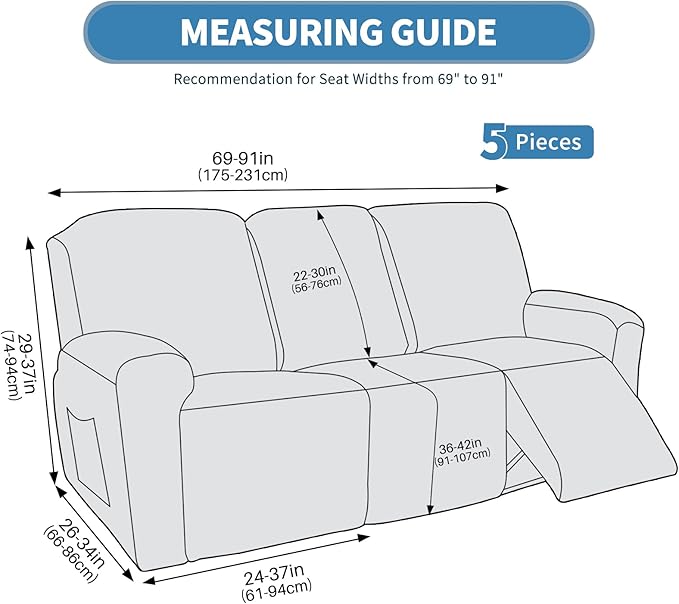 JIVINER 5 Pieces Recliner Sofa Covers Stretch Recliner Sofa Slipcover with Elastic Bottom Jacquard Fitted Reclining 3 Cushion Couch Cover Furniture Protector with Pockets (3 Seater, Dusty Pink)