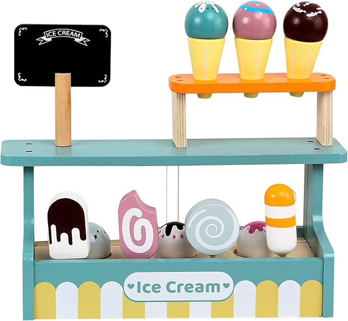 Wooden Ice Cream Toy Play Set, Ice Cream Truck Shop Stand Toys for Toddlers, Montessori Play Kitchen Accessories Wooden Food Set for Kids, Pretend Play for Toddlers