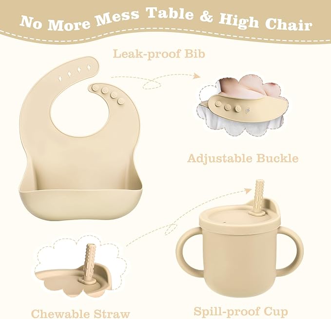 Silicone Baby Feeding Set, Baby Led Weaning Supplies with Suction Bowl Divided Plate, Toddler Self Feeding Dish Set with Spoons Forks Sippy Cup Adjustable Bib, Eating Utensils for 6+ Months(Beige)