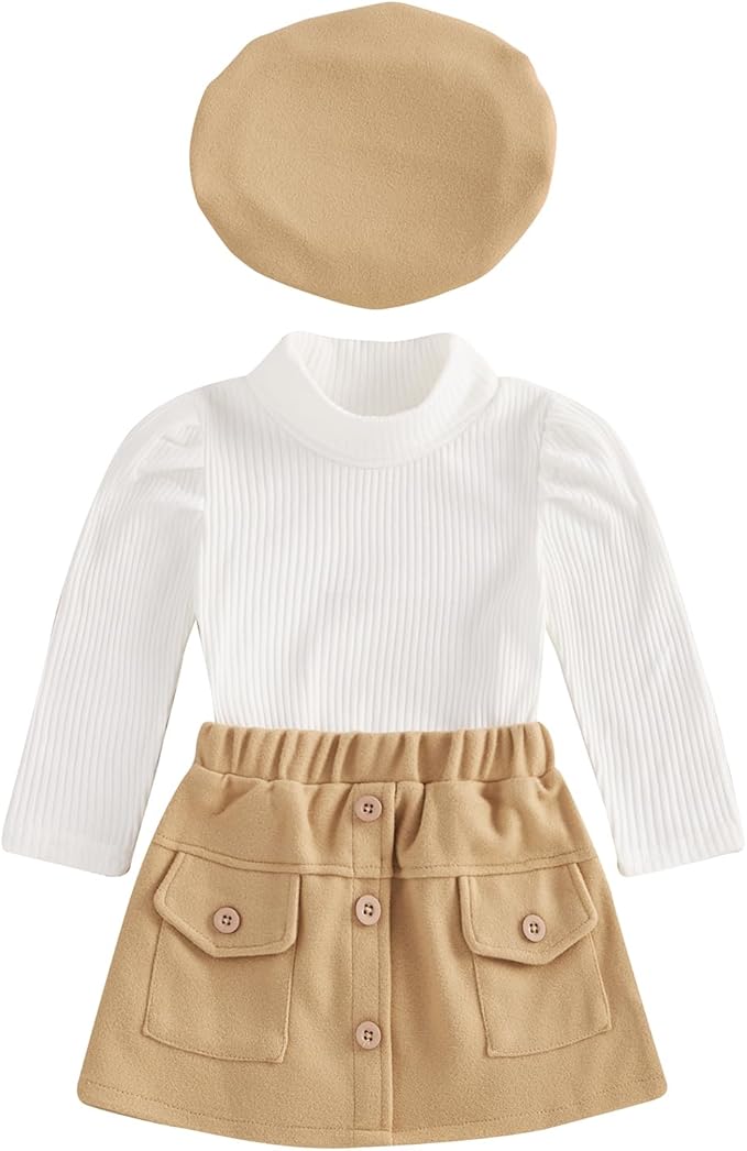 Fernvia Toddler Baby Girl Fall Winter Skirt Set Turtleneck Ribbed Long Sleeve T-Shirt Top & Plaid Skirts Dress 2Pcs Outfits