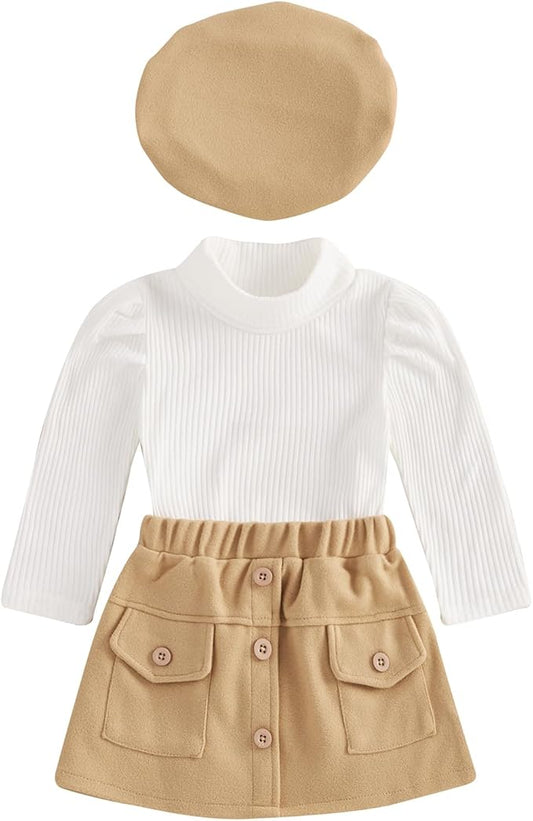 Fernvia Toddler Baby Girl Fall Winter Skirt Set Turtleneck Ribbed Long Sleeve T-Shirt Top & Plaid Skirts Dress 2Pcs Outfits