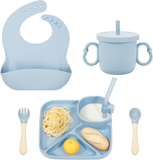 Silicone Baby Feeding Set, Baby Led Weaning Supplies, Silicone Suction Plate, Bowl, Spoons, Fork, Waterproof Bib, Cup and Food Tableware, Eating Utensils Baby Feeding Essentials for 3+ Months